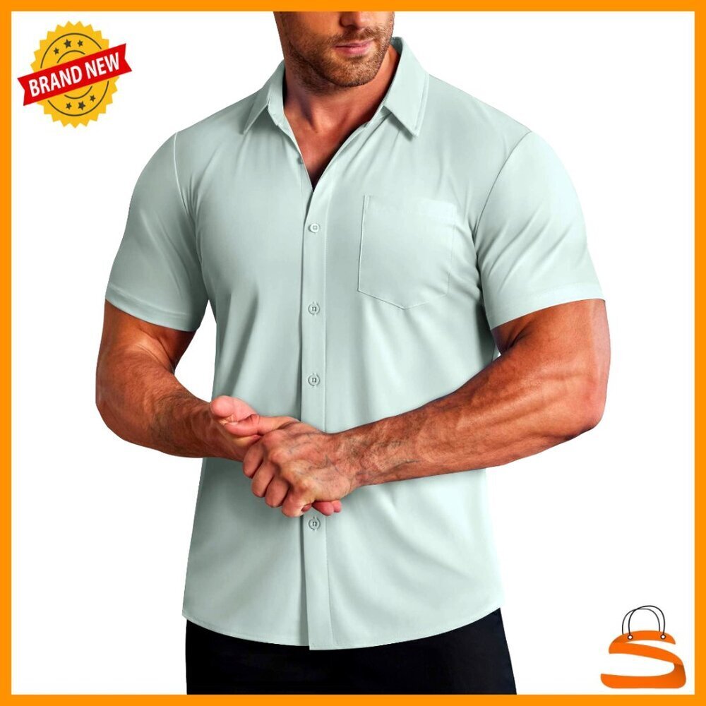 Muscle Fit Dress Shirt Wrinkle-Free Short Sleeve Casual Button Down